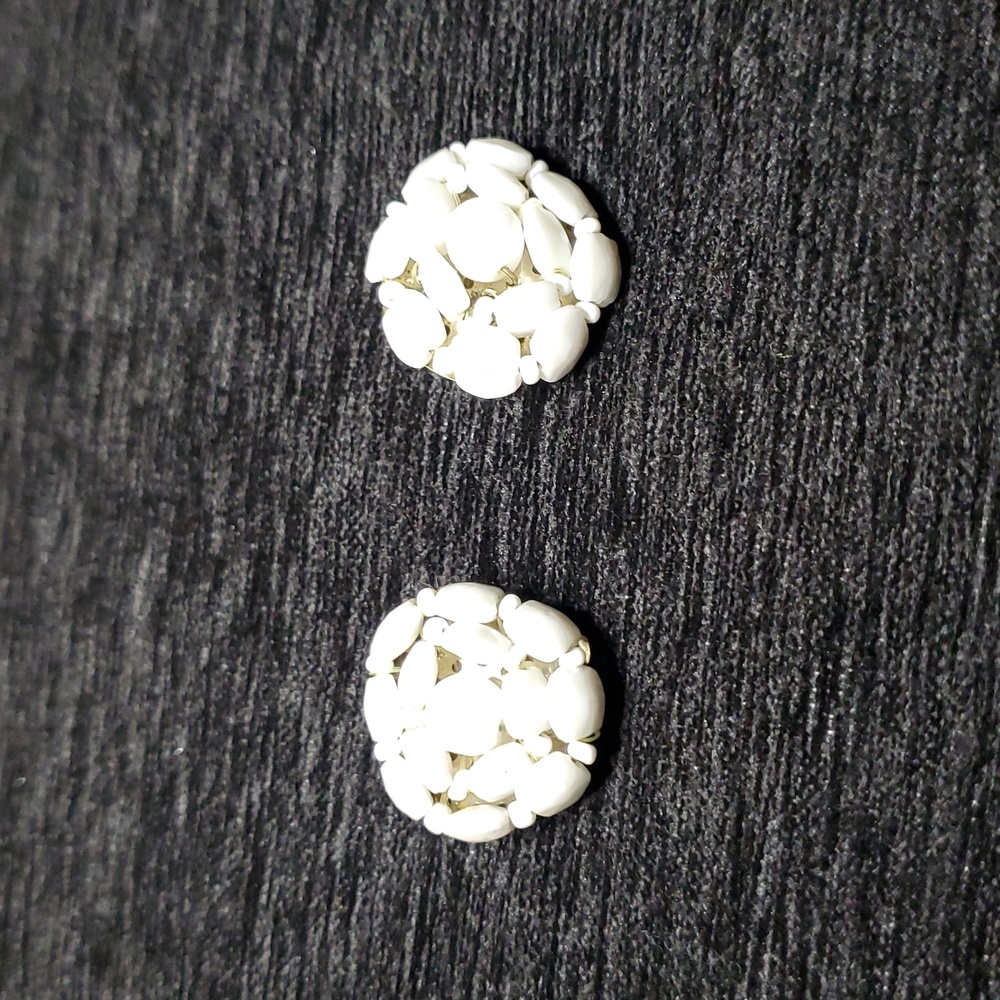 Vintage GERMANY signed White Glass Bead Cluster Clip On Earrings
